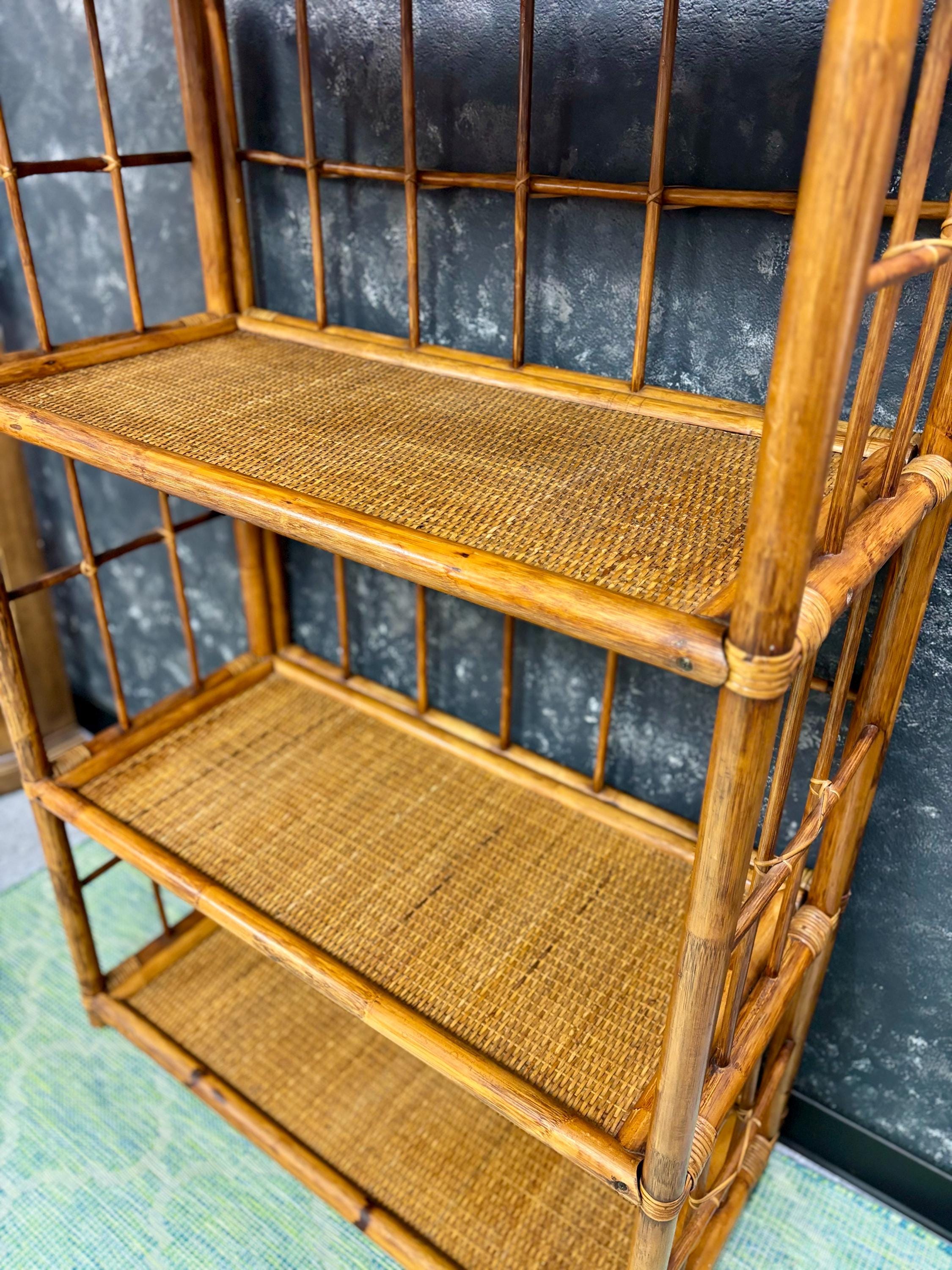 Mid Century Modern Étagère | 4 Tiered | Bookshelf | Tchotke Shelf | Miami Coastal Vibes | Wicker/Bamboo Frame | Shipping Not Included
