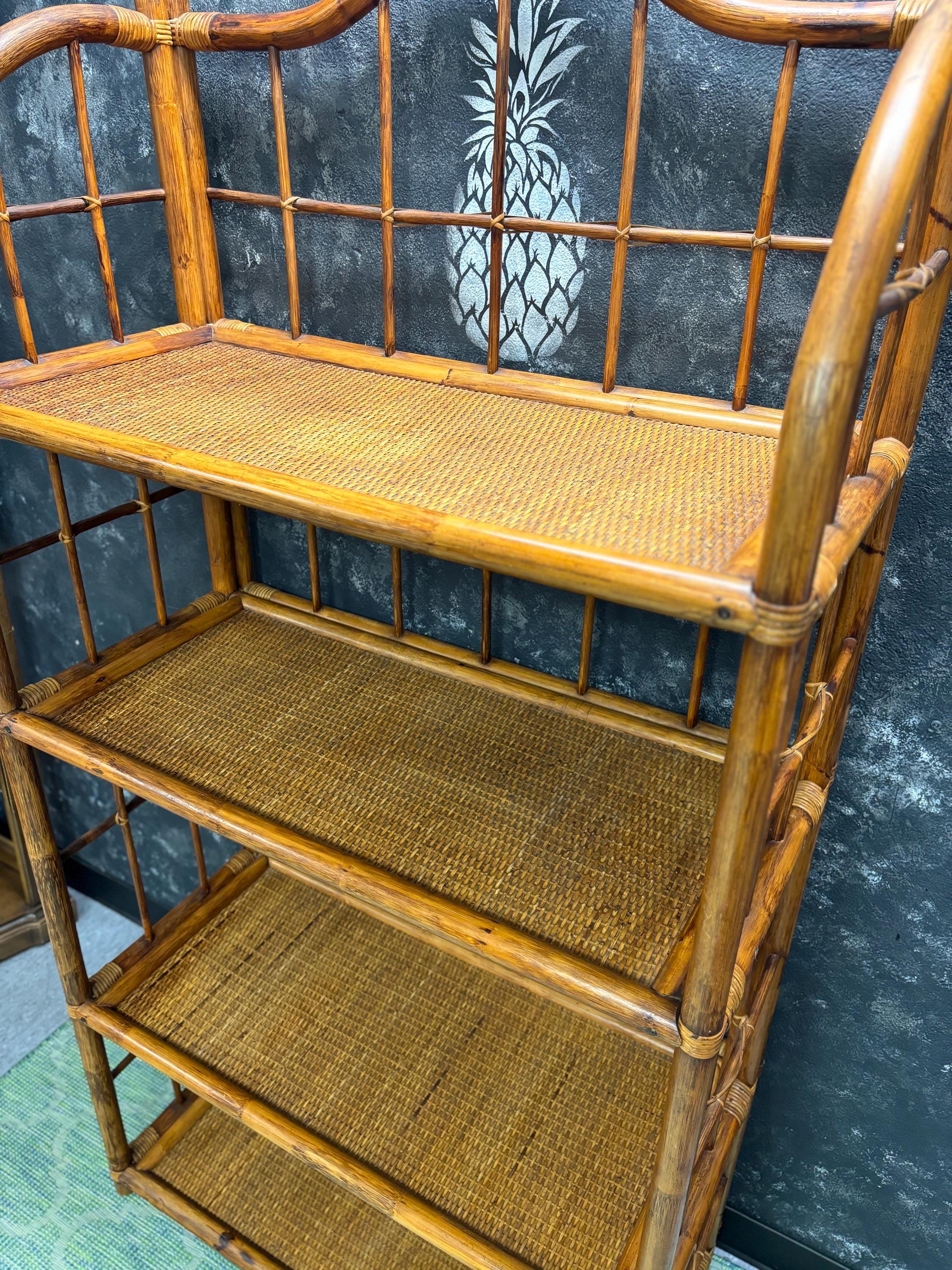 Mid Century Modern Étagère | 4 Tiered | Bookshelf | Tchotke Shelf | Miami Coastal Vibes | Wicker/Bamboo Frame | Shipping Not Included