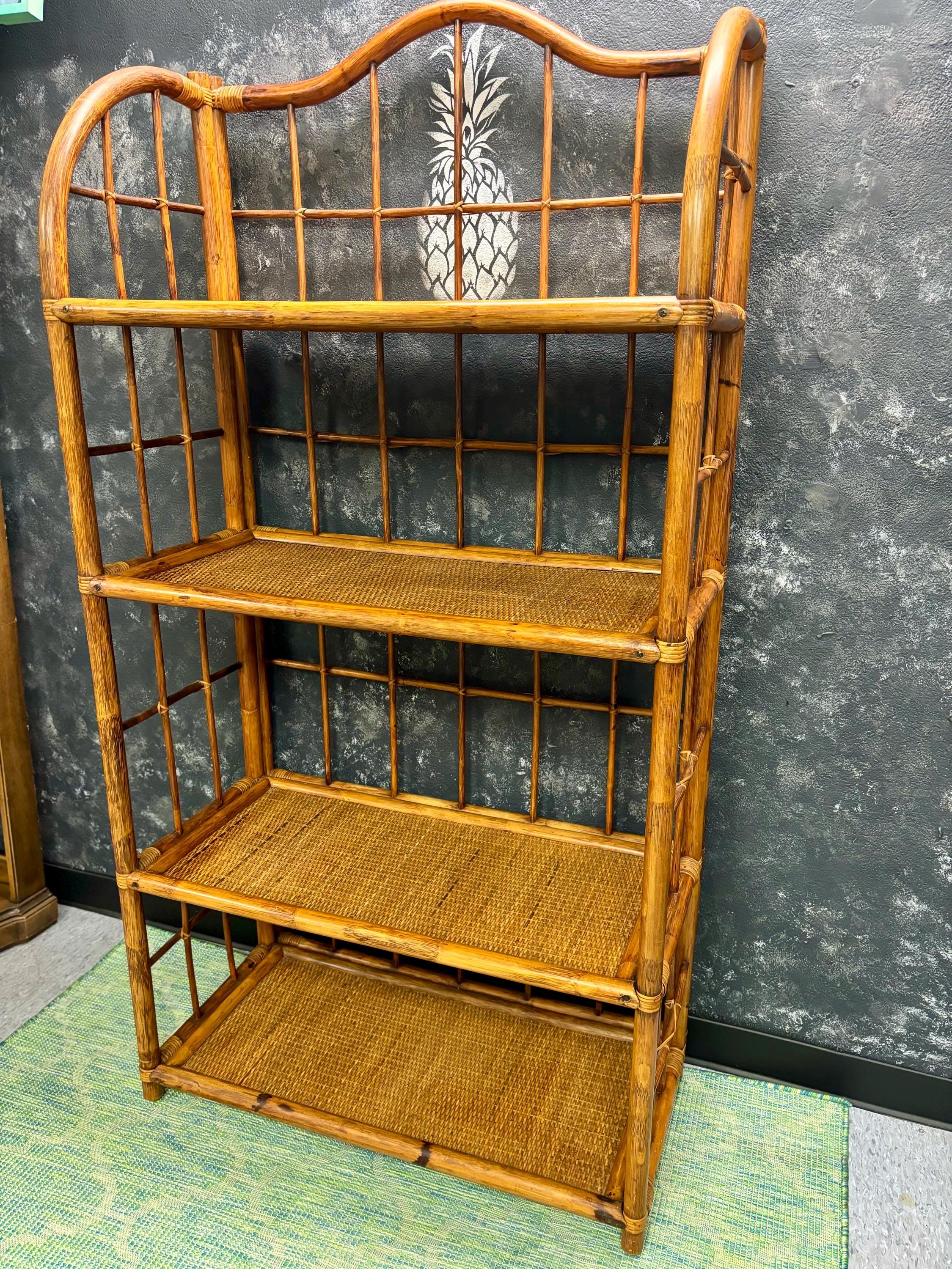 Mid Century Modern Étagère | 4 Tiered | Bookshelf | Tchotke Shelf | Miami Coastal Vibes | Wicker/Bamboo Frame | Shipping Not Included
