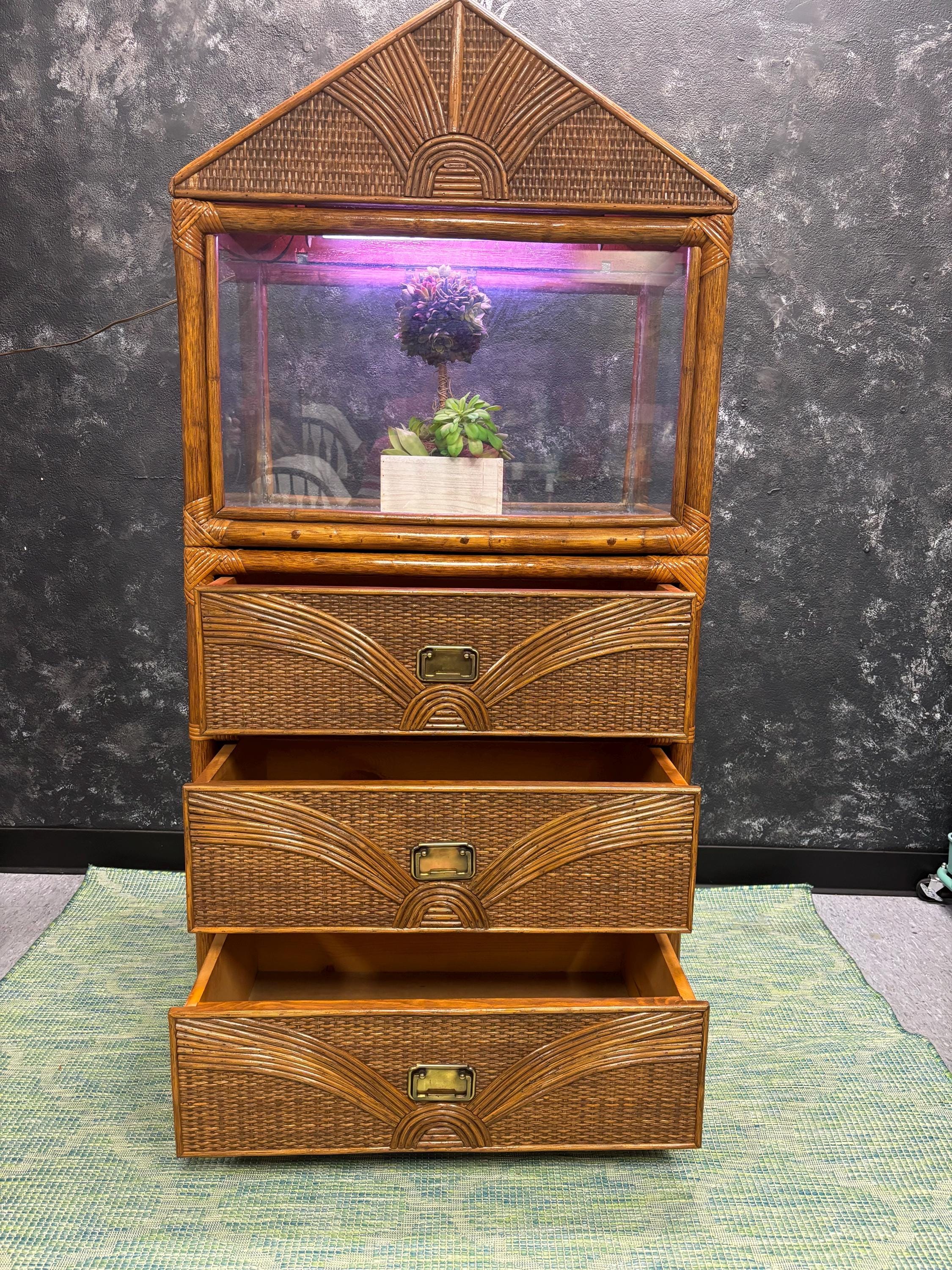Mid Century Modern Terrarium/Aquarium | 3 Drawers | Separate Pieces | Miami Coastal Vibes | Wicker/Bamboo Frame | Shipping Not Included