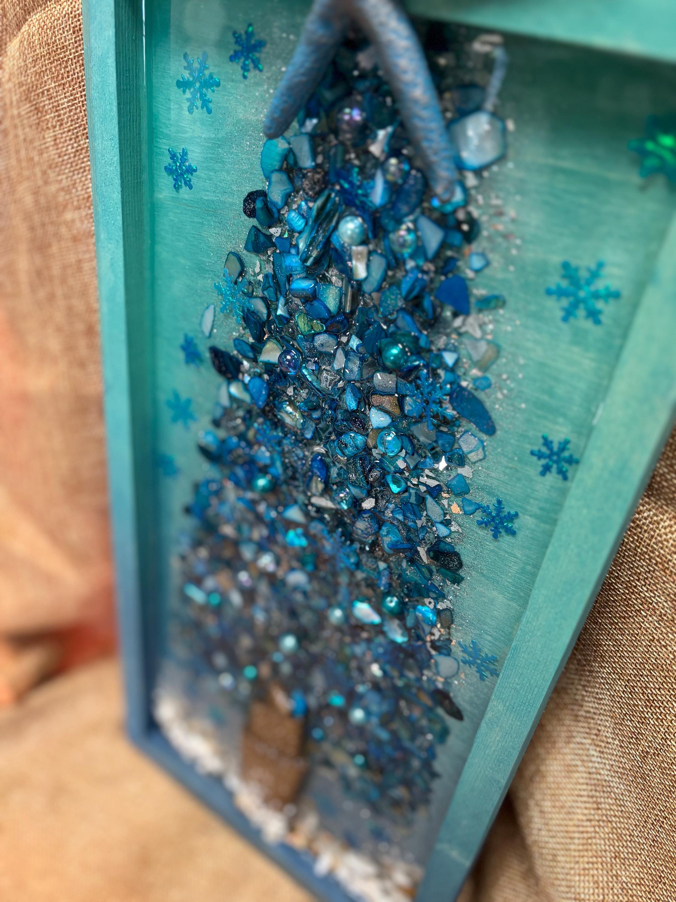 Coastal Tree Wall Art with Turquoise Mother of Pearl, Crushed Glass, Resin, and Starfish Accent - Handmade Beach Holiday Decor