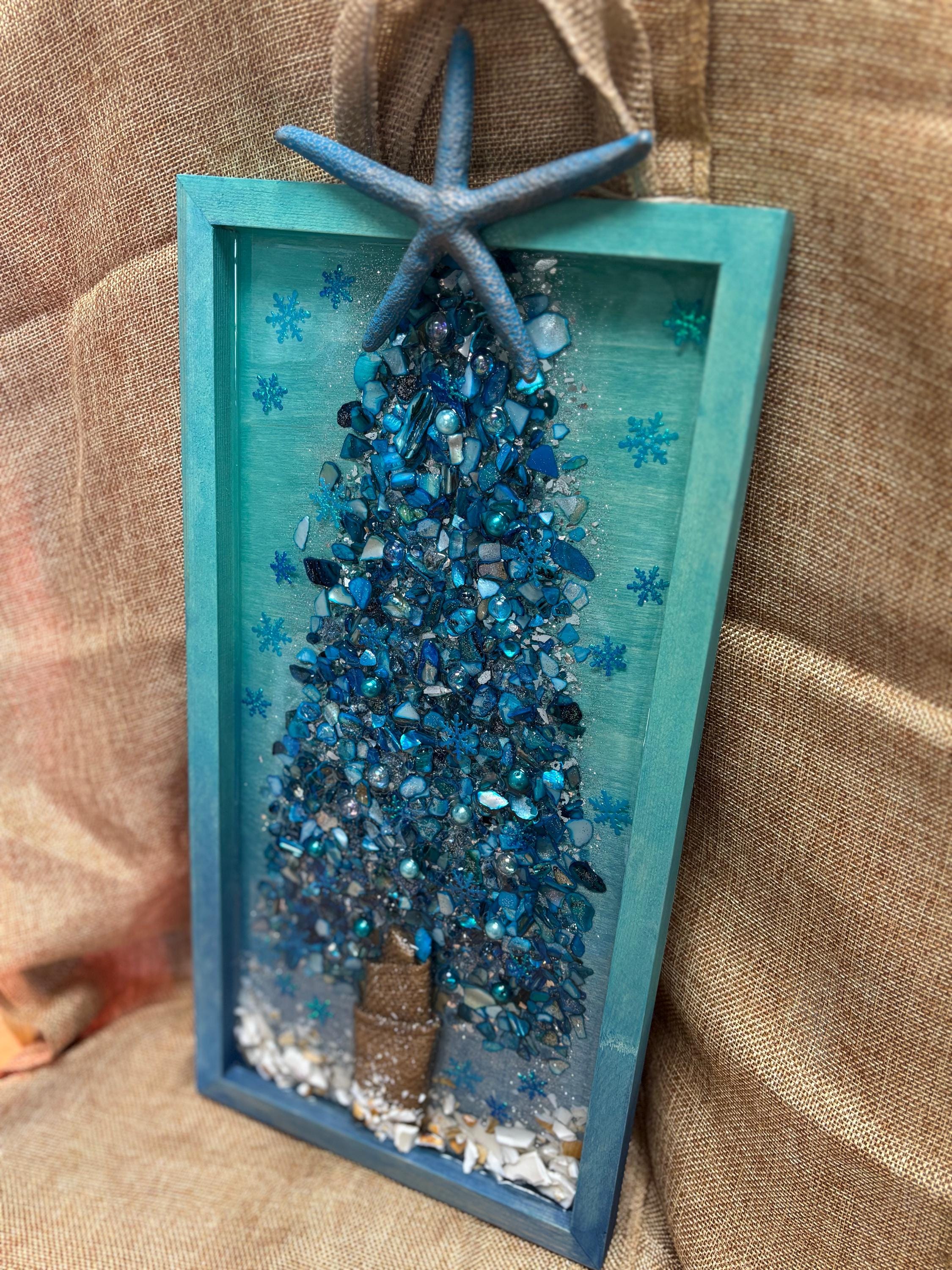 Coastal Tree Wall Art with Turquoise Mother of Pearl, Crushed Glass, Resin, and Starfish Accent - Handmade Beach Holiday Decor