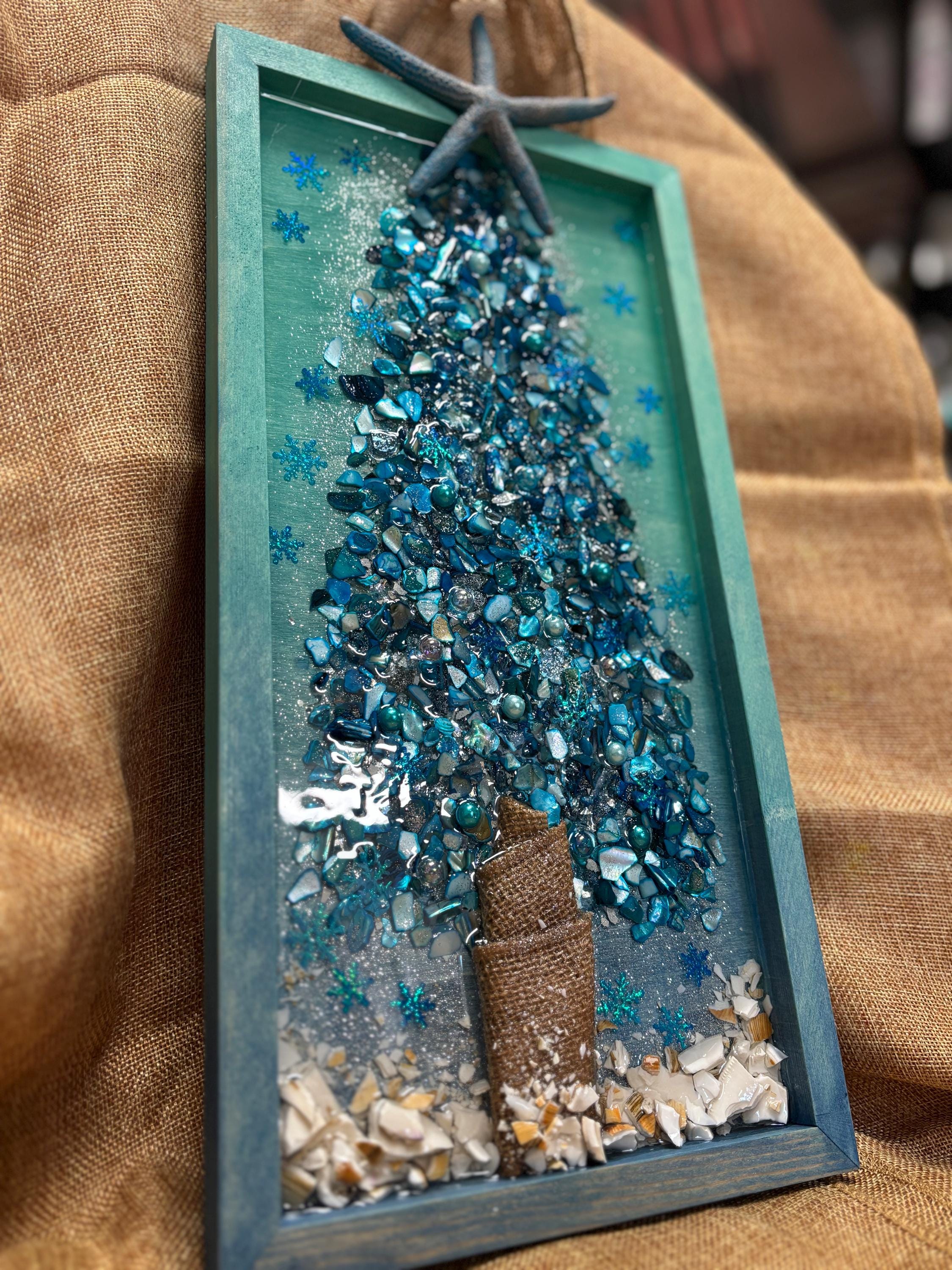 Coastal Tree Wall Art with Turquoise Mother of Pearl, Crushed Glass, Resin, and Starfish Accent - Handmade Beach Holiday Decor