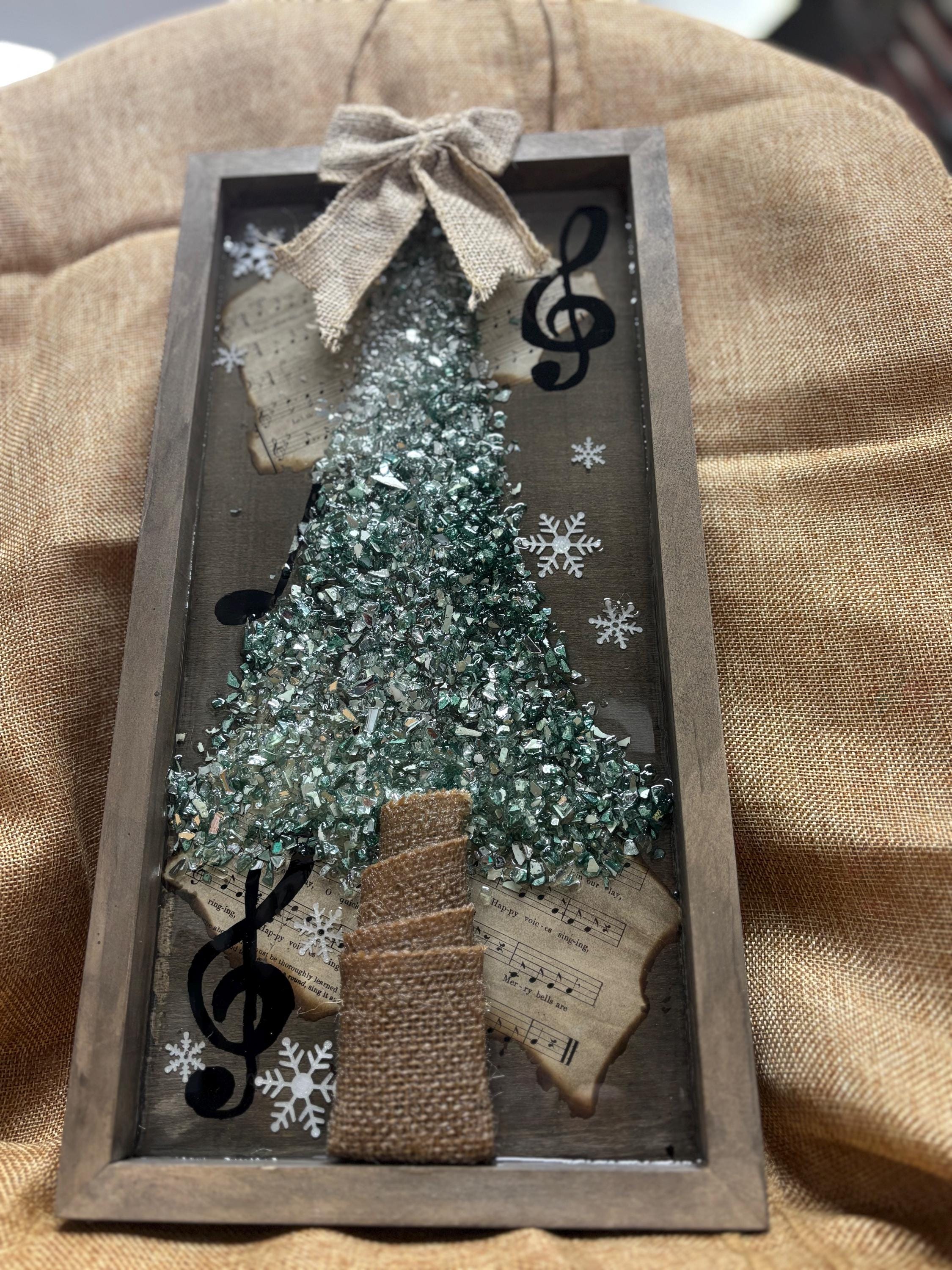 Rustic Music-Themed Crushed Glass and Resin Tree Wall Art - Handmade Holiday Decor