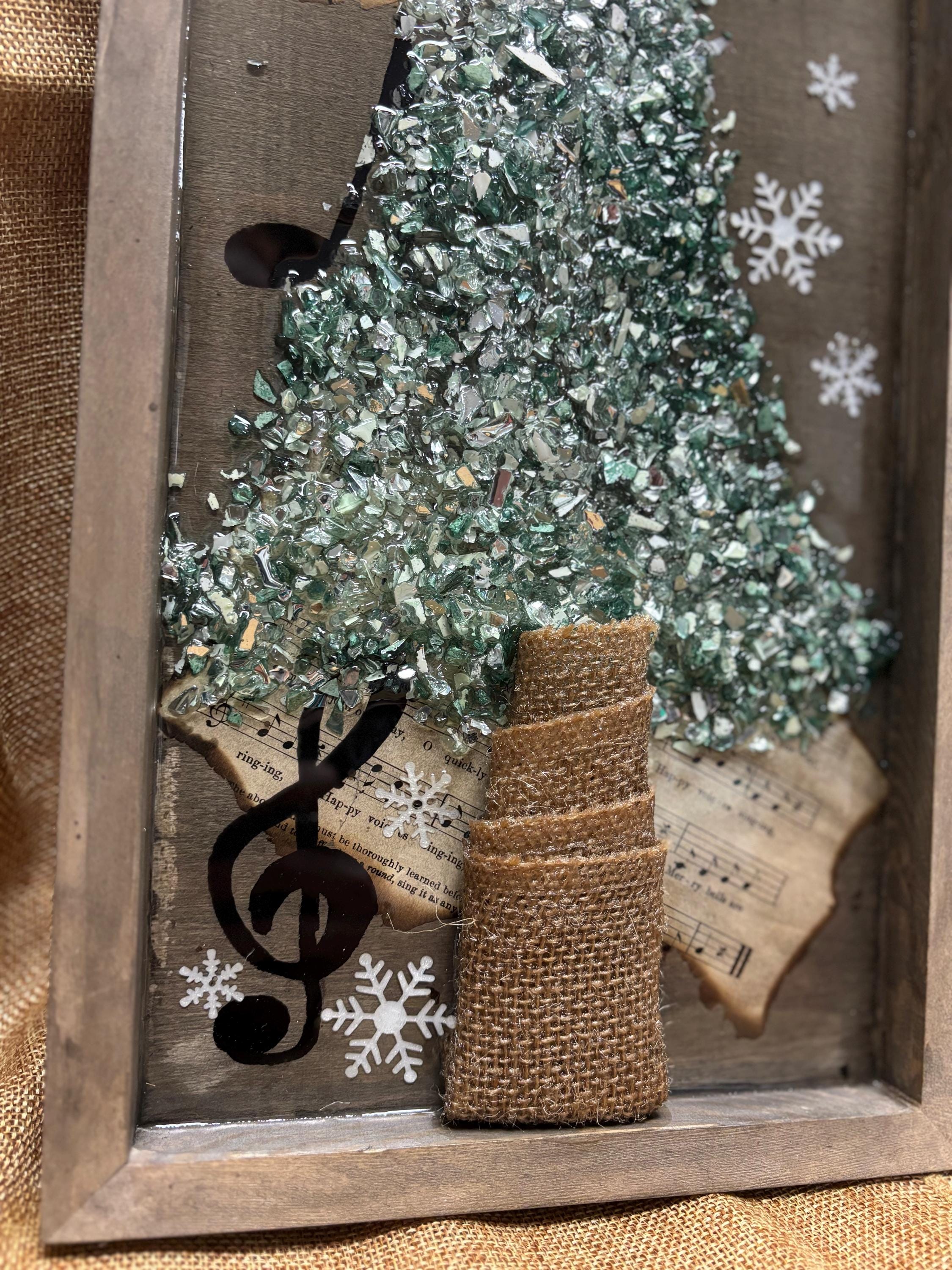 Rustic Music-Themed Crushed Glass and Resin Tree Wall Art - Handmade Holiday Decor