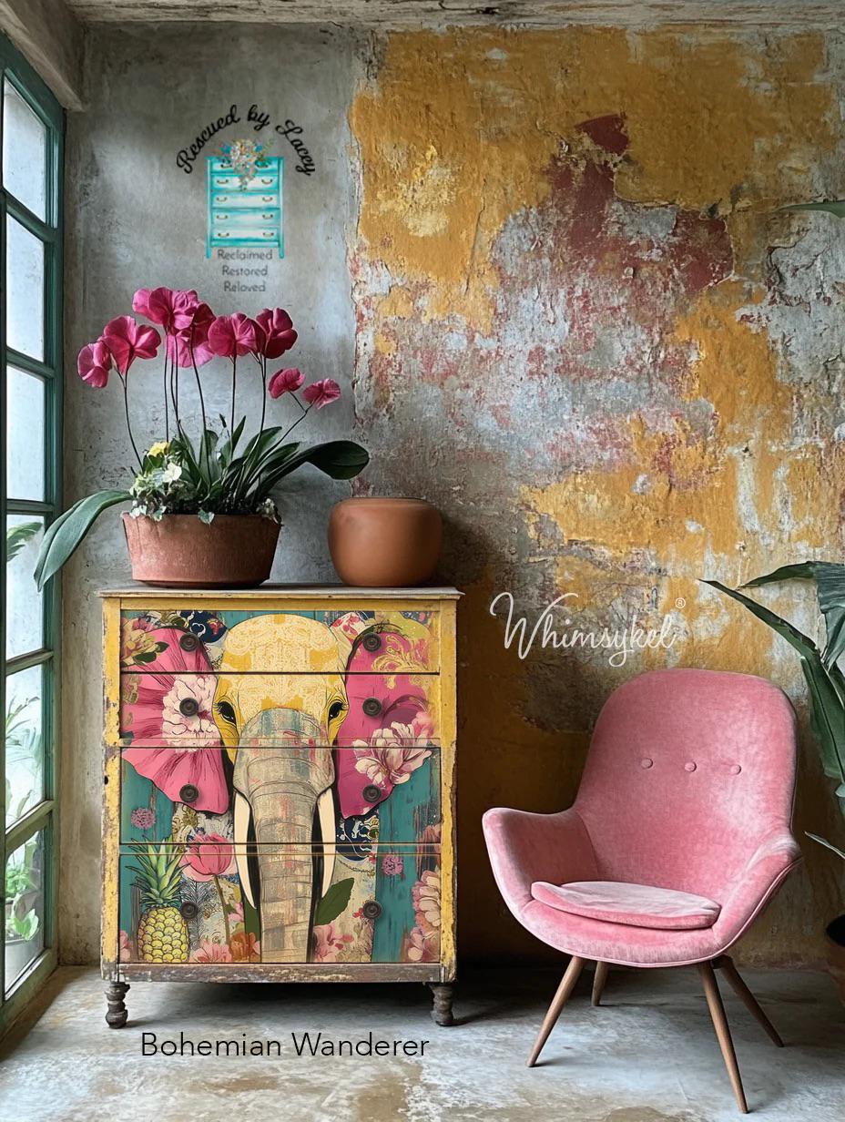 BOHEMIAN WANDERER | Large Decoupage Tissue Paper for Furniture | Arts & Crafts | 21x29 | Whimsykel Designs | colorful abstract elephant