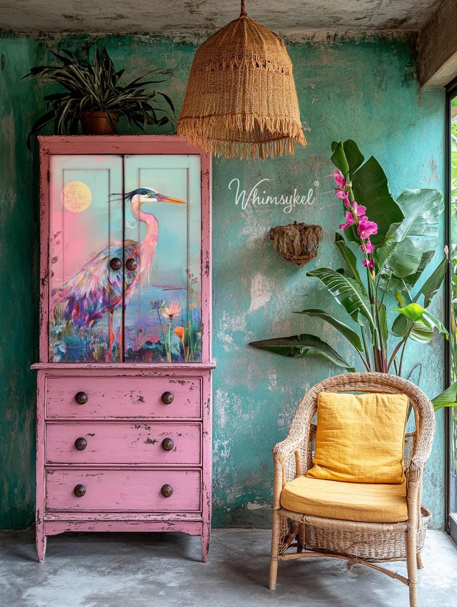 Pastel Morning Decoupage Tissue Paper for Furniture 21x29 or 14x20 Whimsykel Designs heron on waterfront background