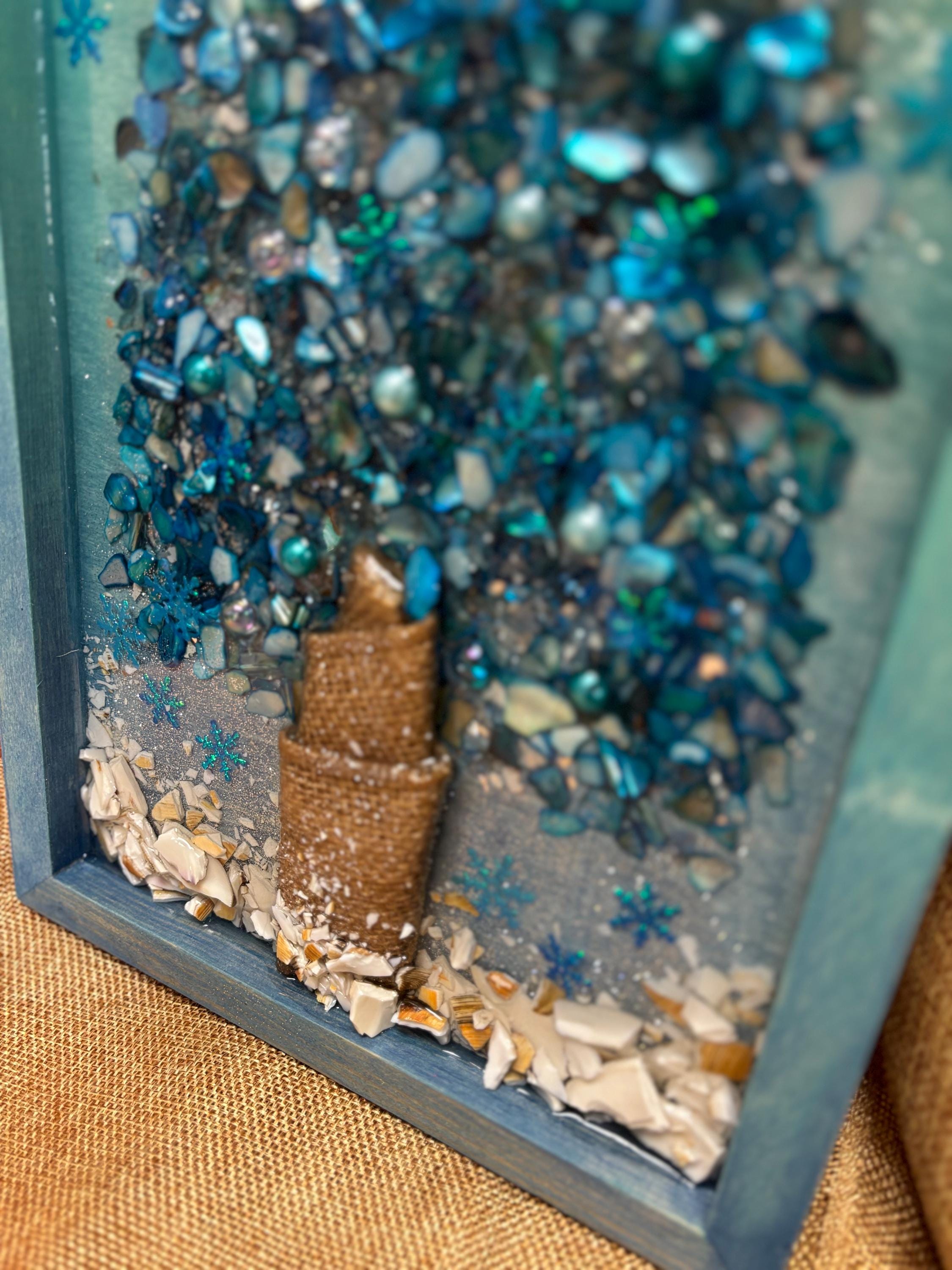 Coastal Tree Wall Art with Turquoise Mother of Pearl, Crushed Glass, Resin, and Starfish Accent - Handmade Beach Holiday Decor