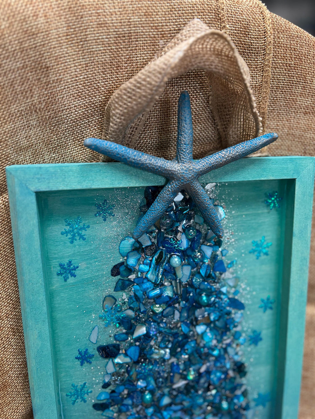 Coastal Tree Wall Art with Turquoise Mother of Pearl, Crushed Glass, Resin, and Starfish Accent - Handmade Beach Holiday Decor