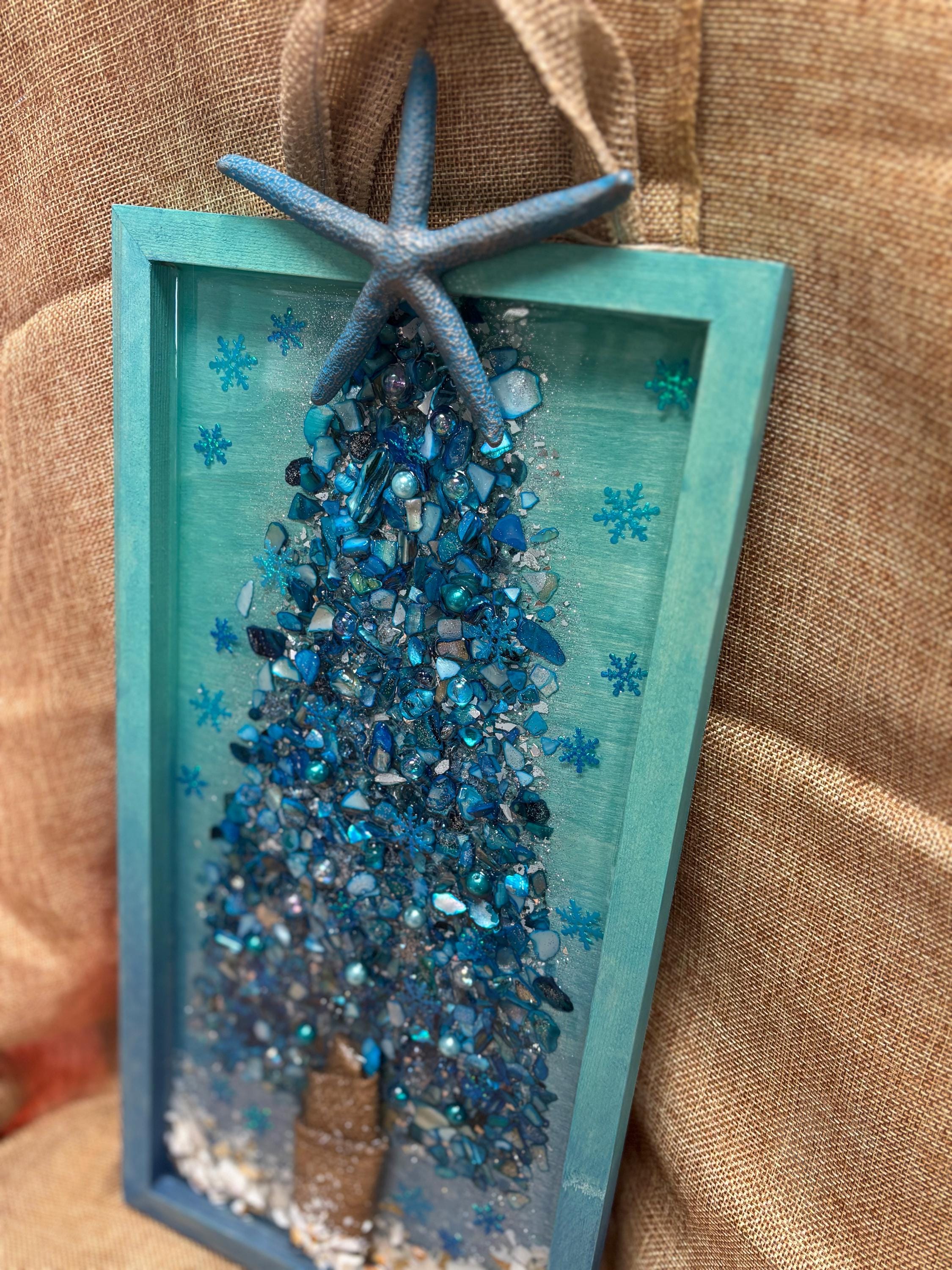 Coastal Tree Wall Art with Turquoise Mother of Pearl, Crushed Glass, Resin, and Starfish Accent - Handmade Beach Holiday Decor