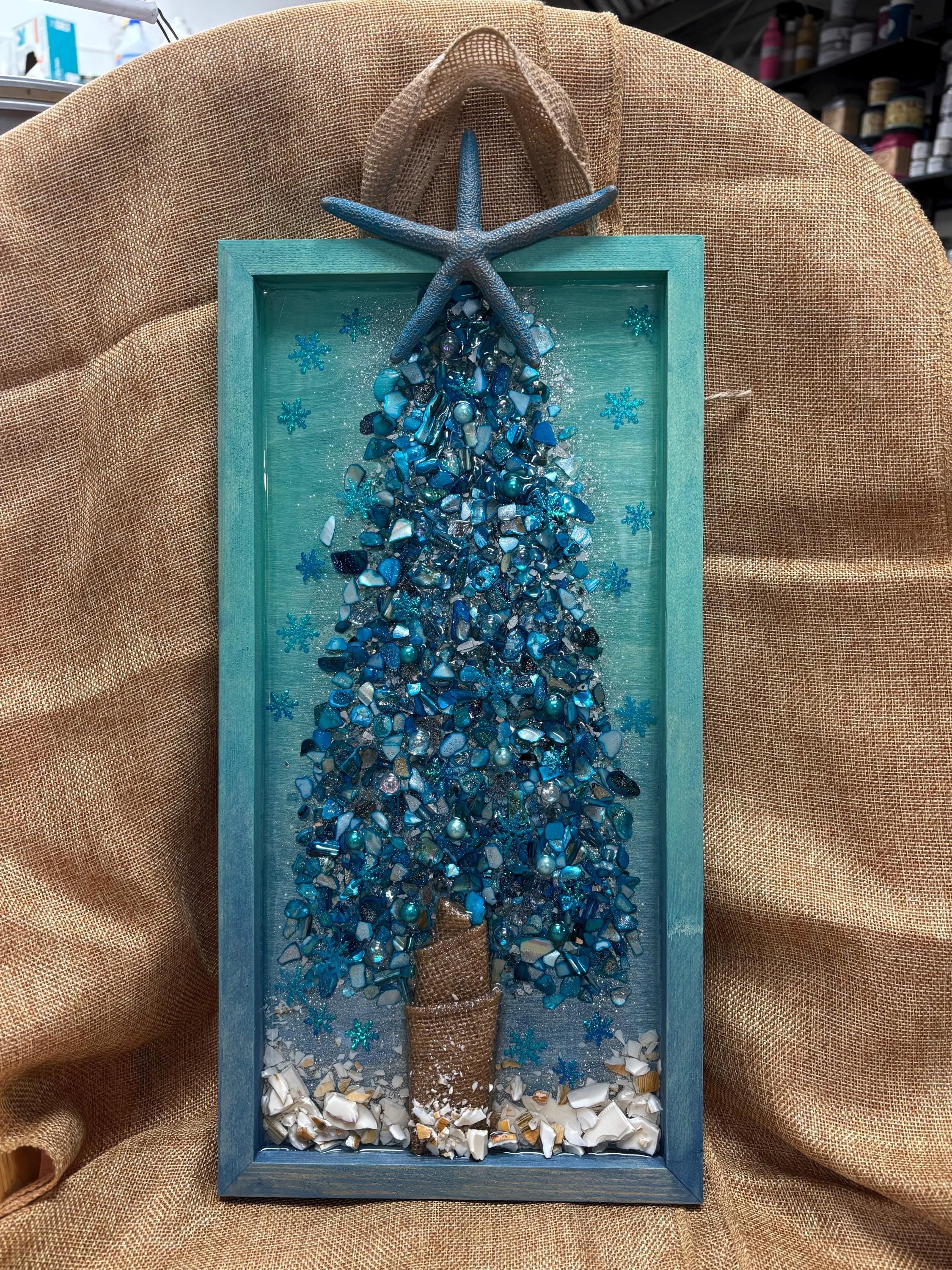 Coastal Tree Wall Art with Turquoise Mother of Pearl, Crushed Glass, Resin, and Starfish Accent - Handmade Beach Holiday Decor