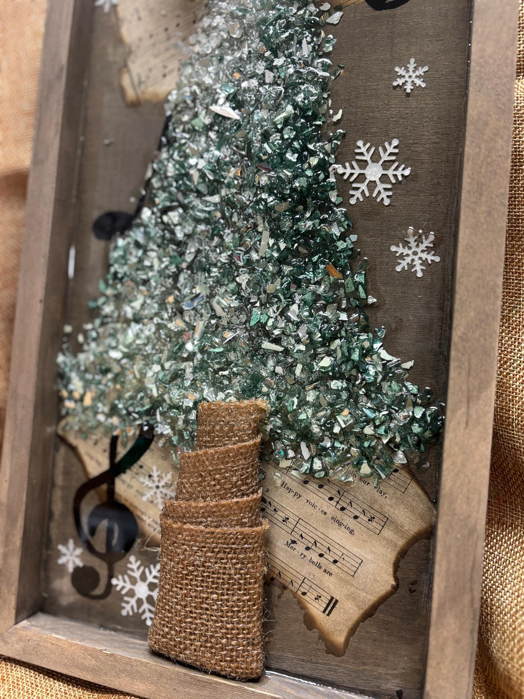 Rustic Music-Themed Crushed Glass and Resin Tree Wall Art - Handmade Holiday Decor