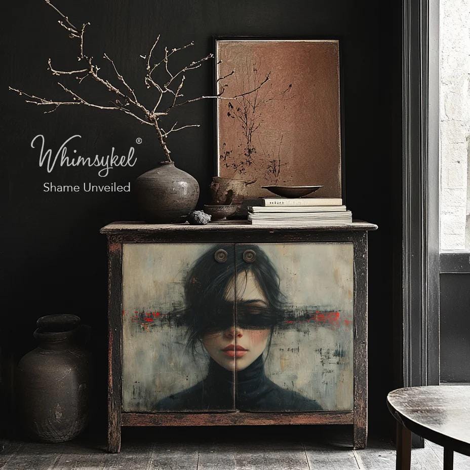 SHAME UNVEILED Decoupage Tissue Paper for Furniture 21x29 Whimsykel Designs woman with eyes covered