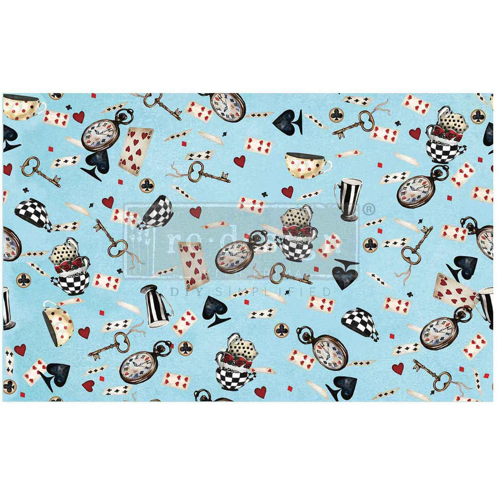 WONDERLAND WHIMSY | Decoupage Decor Tissue Paper for Furniture | 19.5"x30" | Redesign with Prima | cups, clocks, cards on blue background