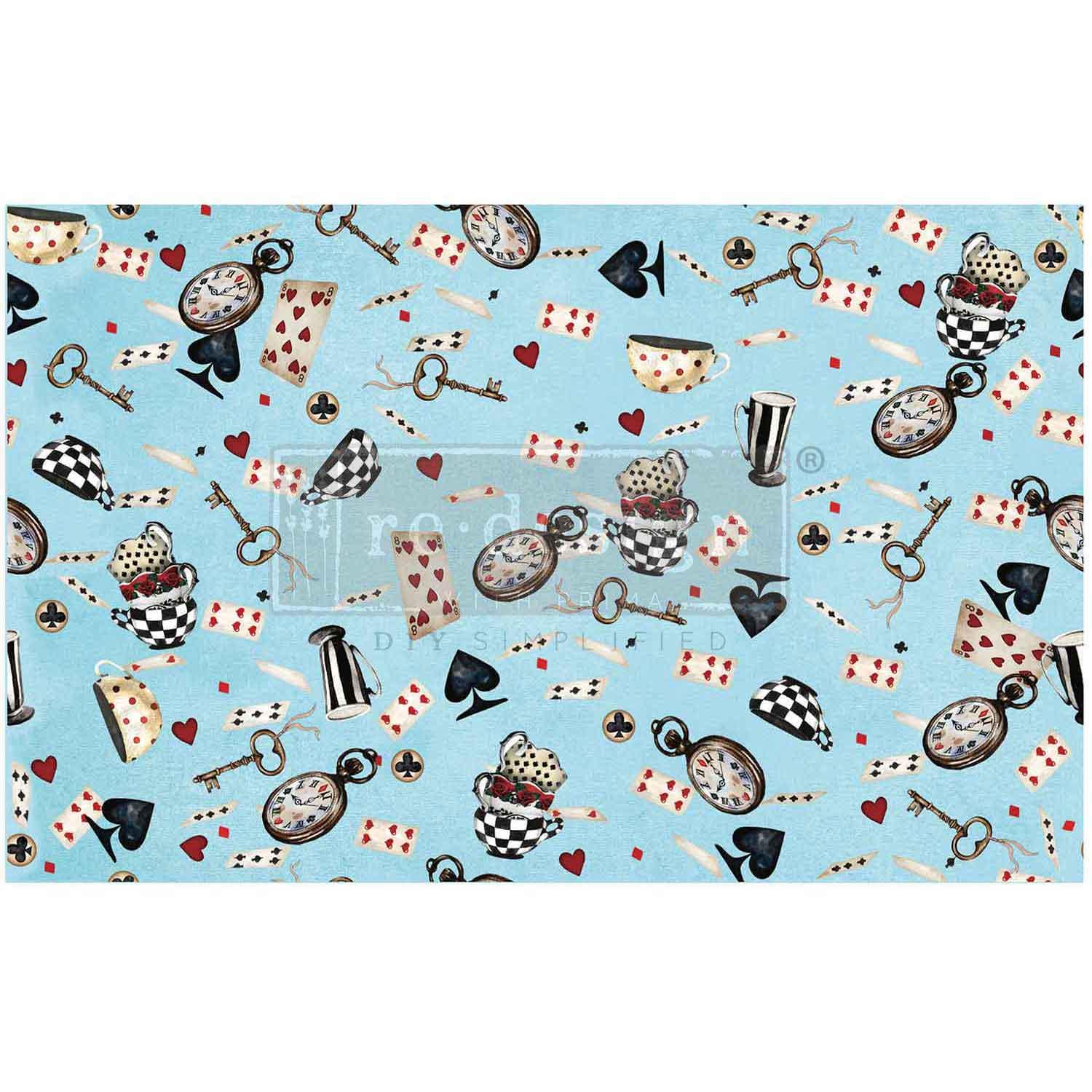 WONDERLAND WHIMSY | Decoupage Decor Tissue Paper for Furniture | 19.5"x30" | Redesign with Prima | cups, clocks, cards on blue background