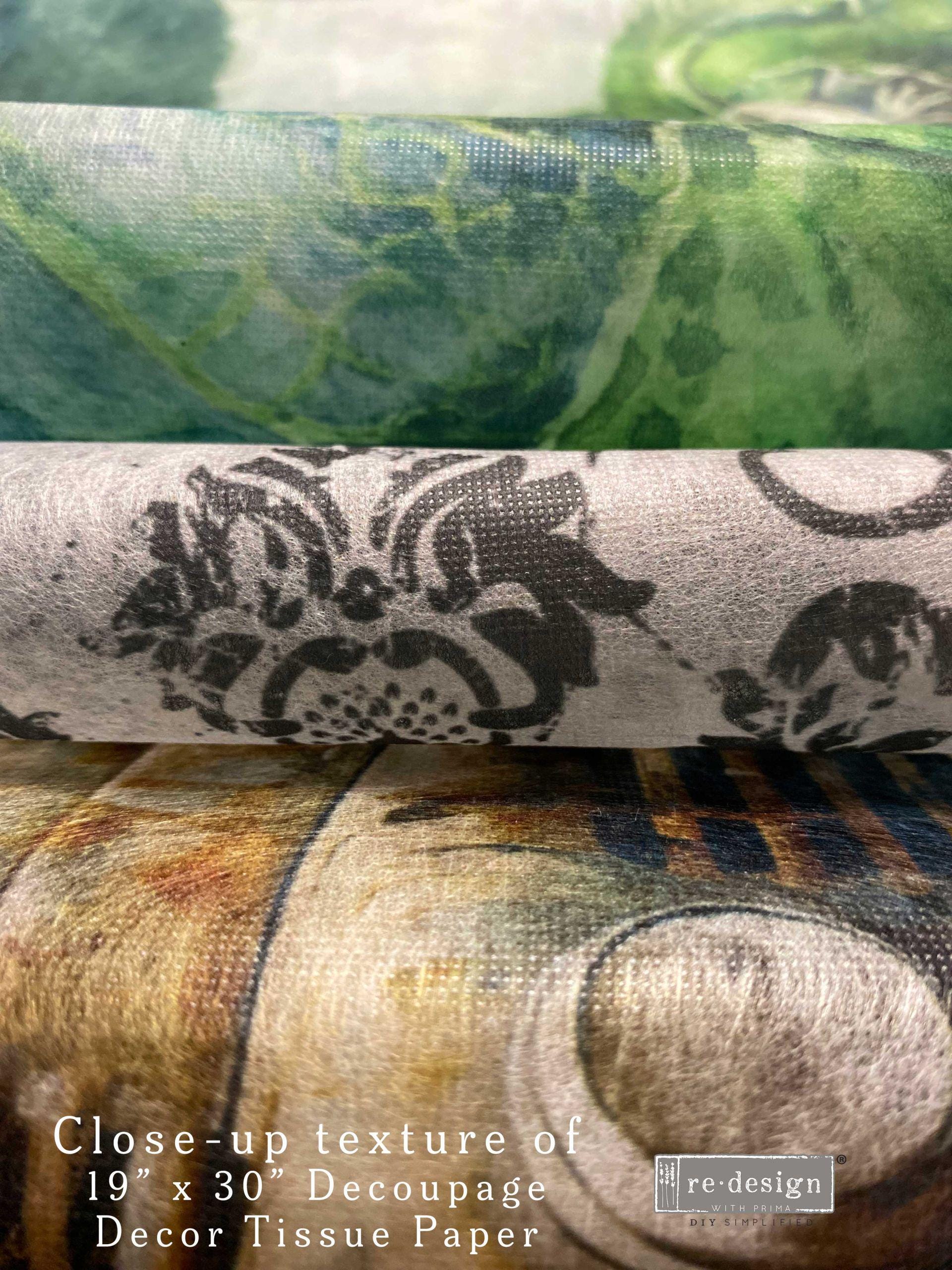 WONDERLAND WHIMSY | Decoupage Decor Tissue Paper for Furniture | 19.5"x30" | Redesign with Prima | cups, clocks, cards on blue background