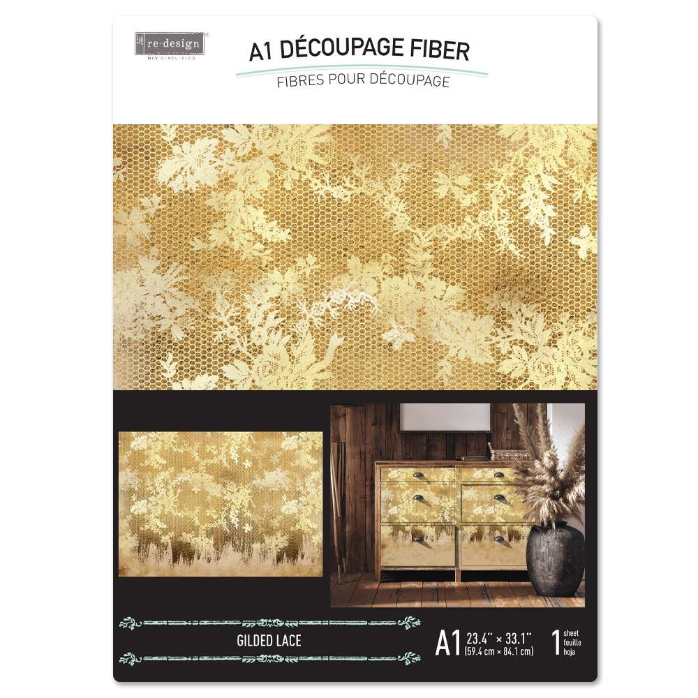 GILDED LACE | Decoupage Decor Tissue Paper for Furniture | 23.4"x33.1"| Redesign with Prima | vintage gold honeycomb and floral design