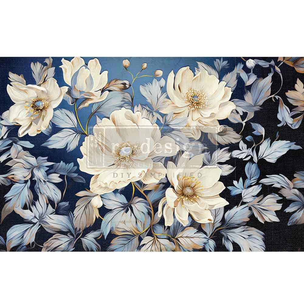 CERULEAN BLOOMS | Decoupage Decor Tissue Paper for Furniture | 19.5"X30"| Redesign with Prima | gorgeous white blooms on blue background