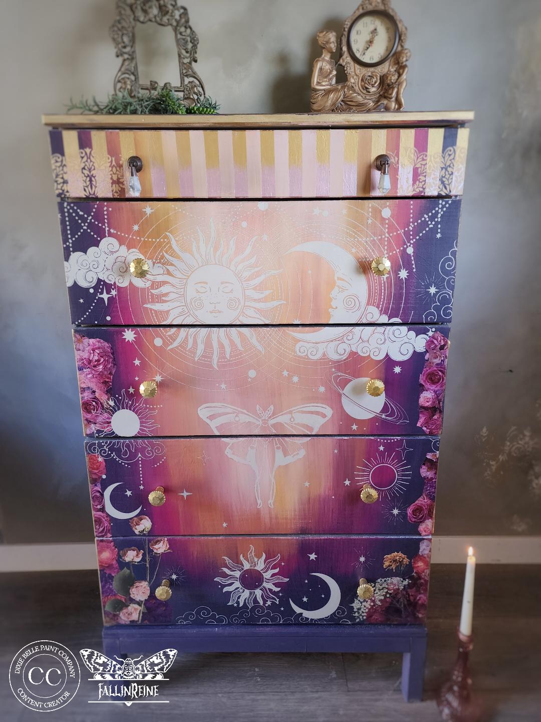 LANI'S CELESTIAL DREAM | Retired | Large Transfer | Dixie Belle Paint | gold sun moon and stars on clear background