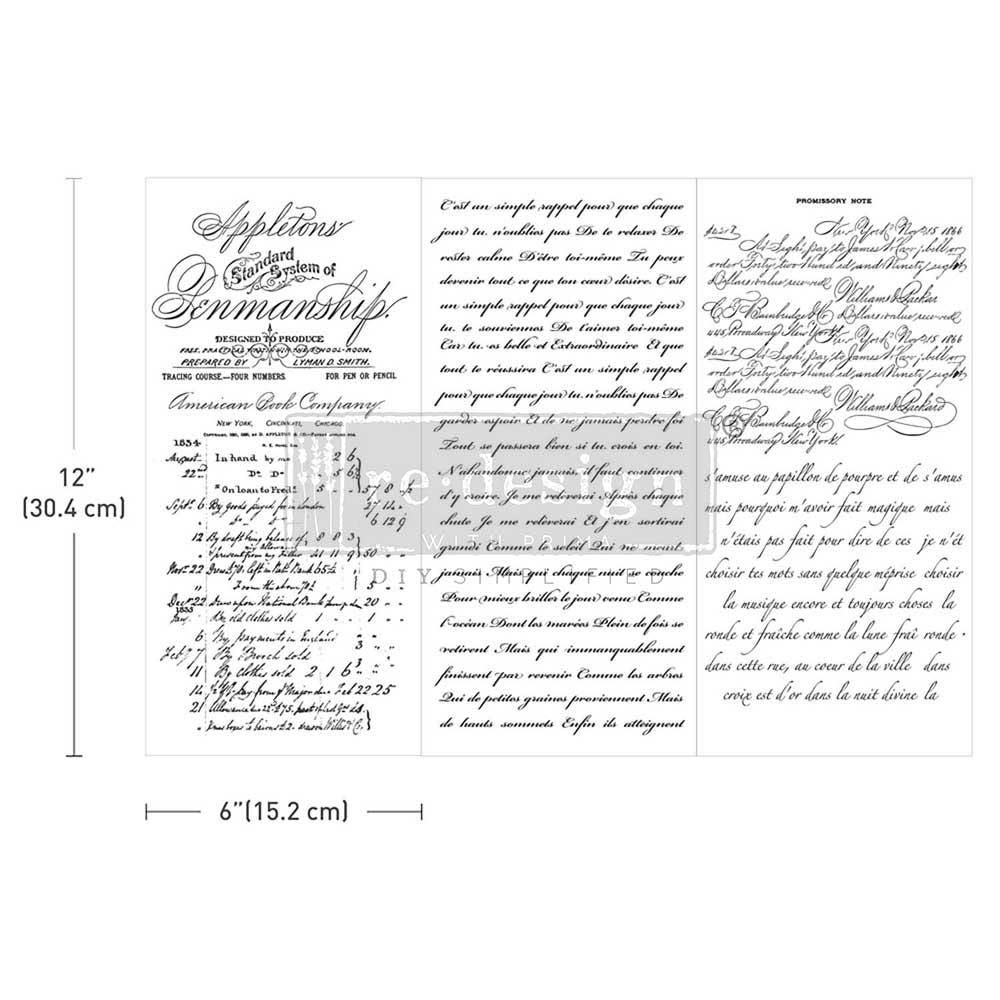 VINTAGE SCRIPT MASTERY | Small Transfers | Redesign With Prima | Rub on Transfers for Furniture and Crafts | 3 sheets- 6"x12"|French script