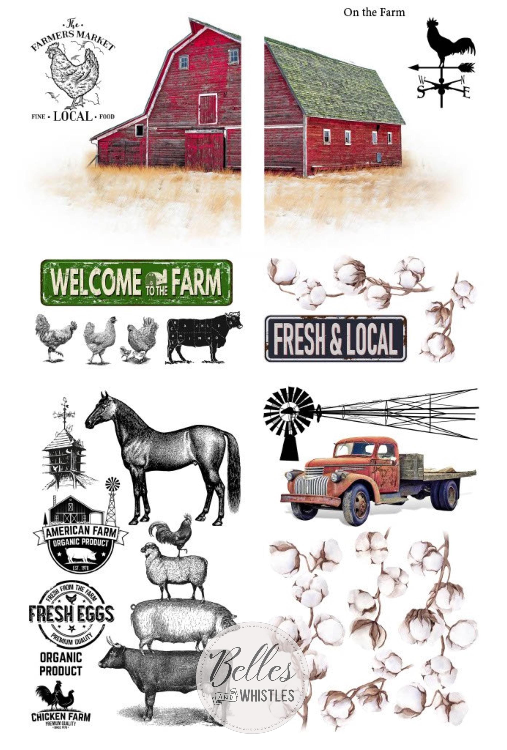 ON THE FARM | Large Transfer for Furniture | Dixie Belle Paint | 24"x38" divided into 4 sheets | barn, farm animals, truck, cotton