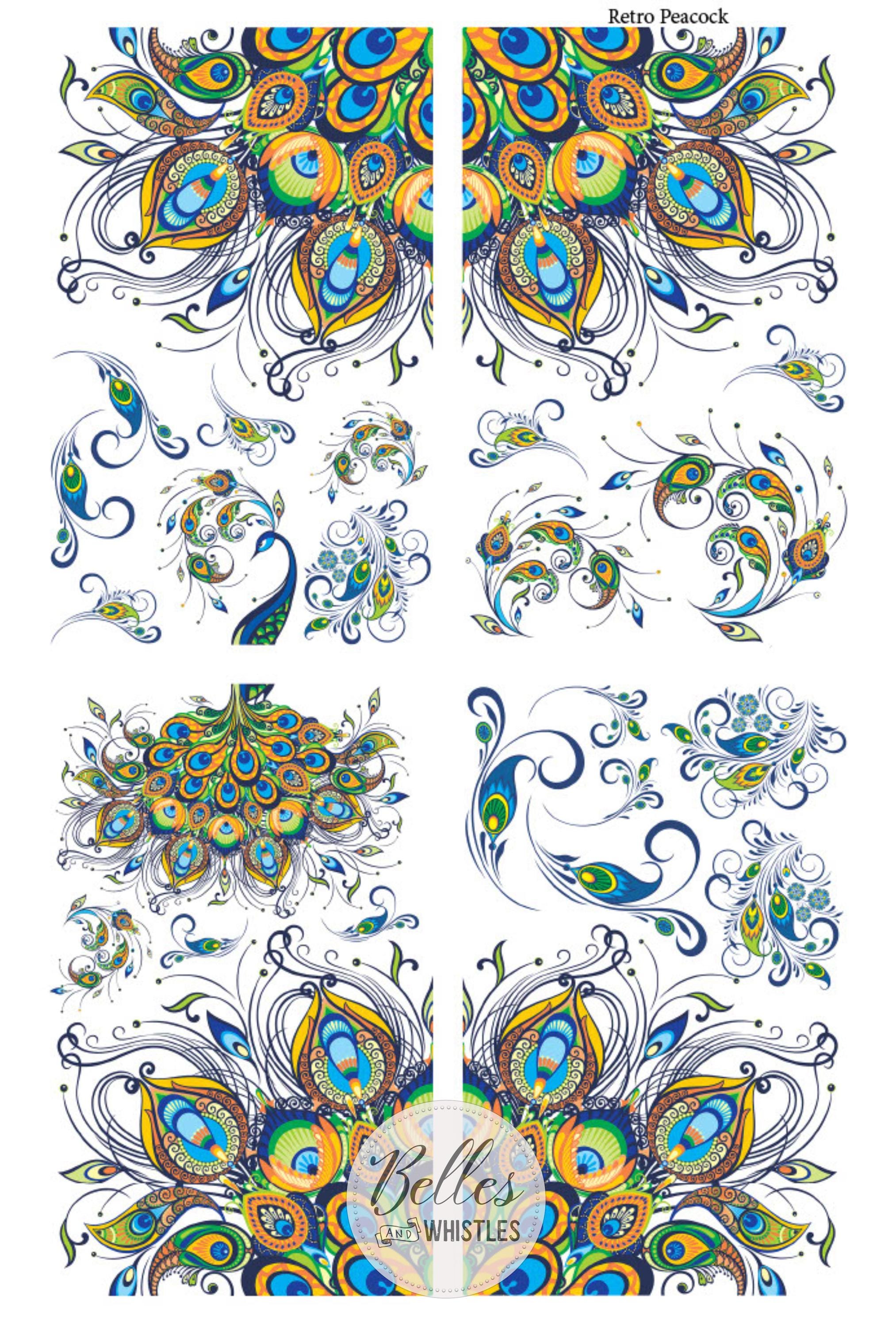 RETRO PEACOCK | Retired | Transfer | Dixie Belle Paint | 24"x38" divided into 4 sheets | bohemian peacock