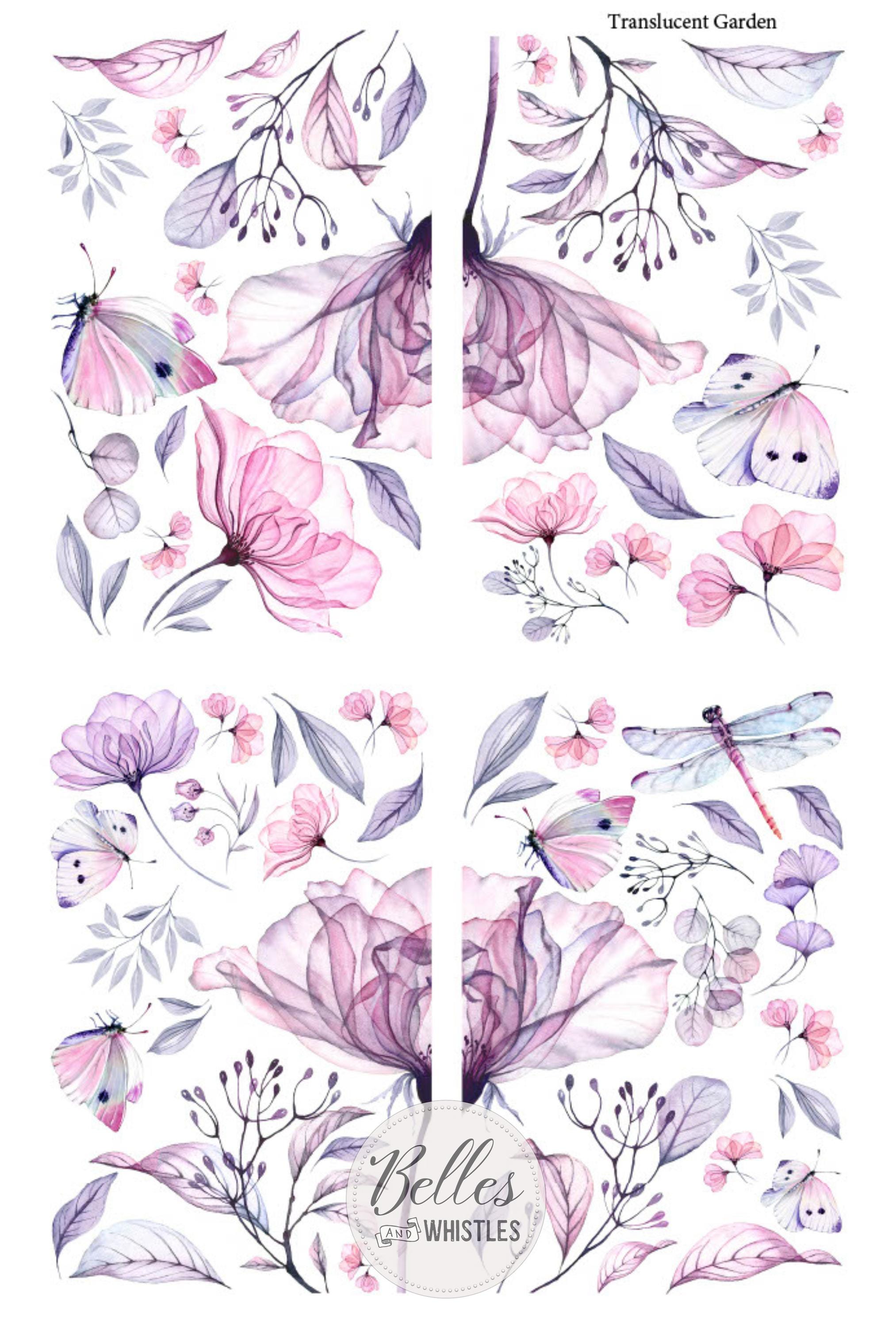 TRANSLUCENT GARDEN | Retired | Transfer | Dixie Belle Paint | 24"x38" divided into 4 sheets | florals, butterflies, dragonflies