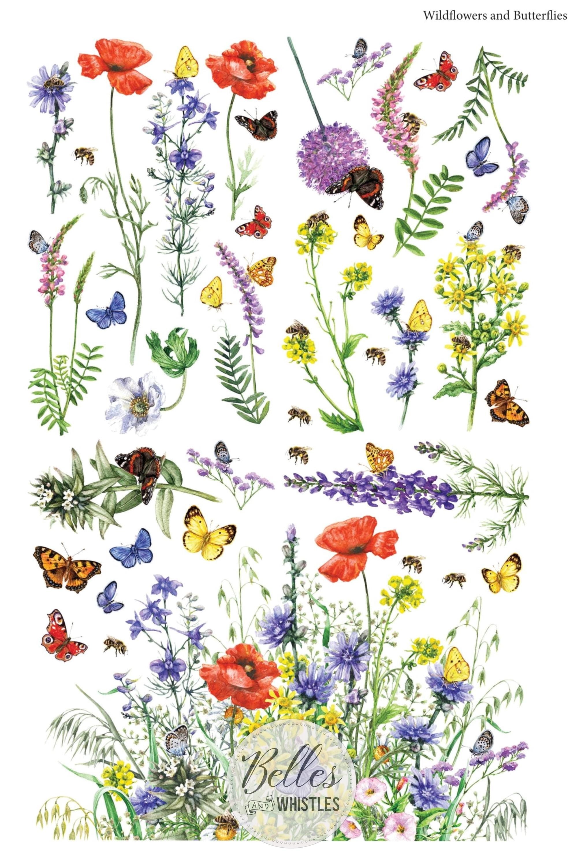 WILDFLOWERS AND BUTTERFLIES | Large Transfer for Furniture | Dixie Belle Paint | 24"x38" divided into 4 sheets | long stem florals