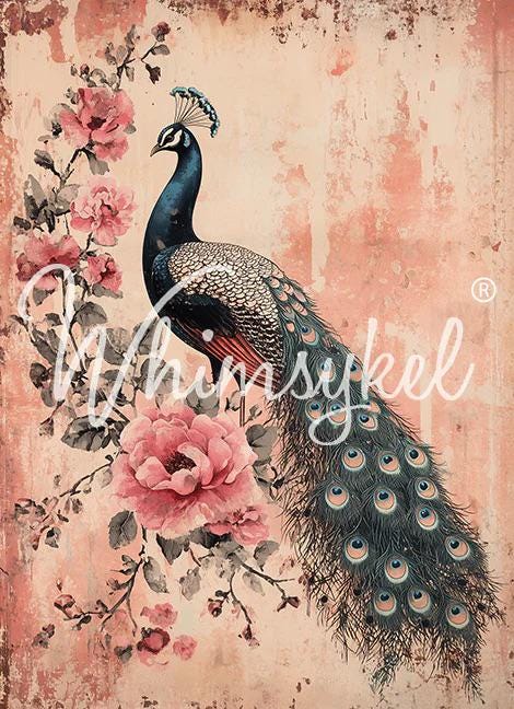 PEACOCK | Large Decoupage Tissue Paper for Furniture | 21x29 or 14x20 Whimsykel Designs | fancy peacock on botanical background