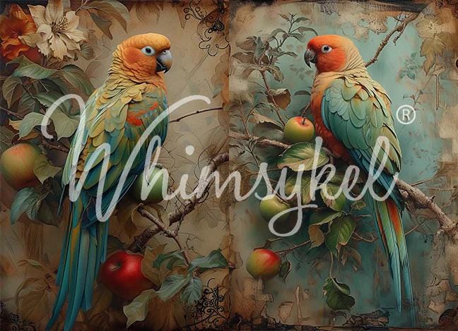PARROT PARADISE DUO |Large Decoupage Tissue Paper for Furniture| 21x29|Whimsykel Designs |2 complementary images of fabulous parrots