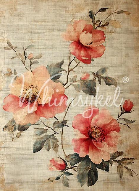 LINEN FLOWERS |Large Decoupage Tissue Paper for Furniture | 21x29 | Whimsykel Designs | red and pink flowers