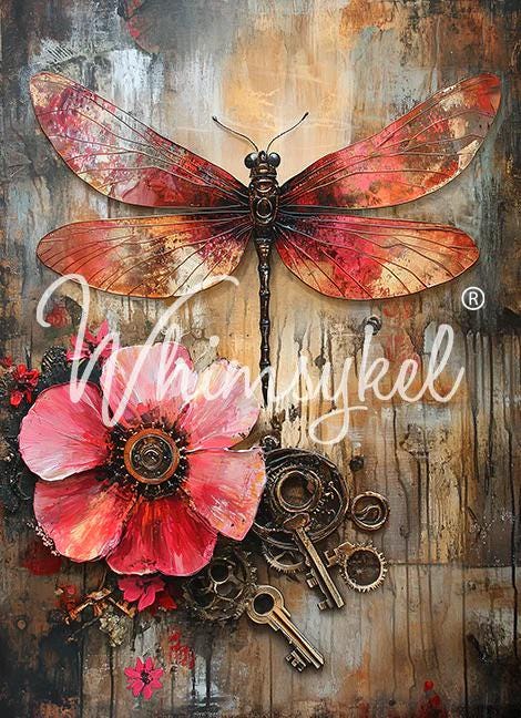 INDUSTRIAL BLOOM | Large Decoupage Tissue Paper for Furniture | 21x29 or 14x20 Whimsykel Designs | mechanical dragonfly and flower