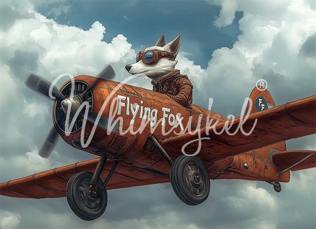 FLYING FOX |Large Decoupage Tissue Paper for Furniture | 21x29 | Whimsykel Designs | very cool fox flying through the air in red plane