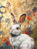 Bloom & Burrows | 21”x29” | Large Decoupage Tissue Paper | Whimsykel Designs | bunny with gold and floral background Whimsykel