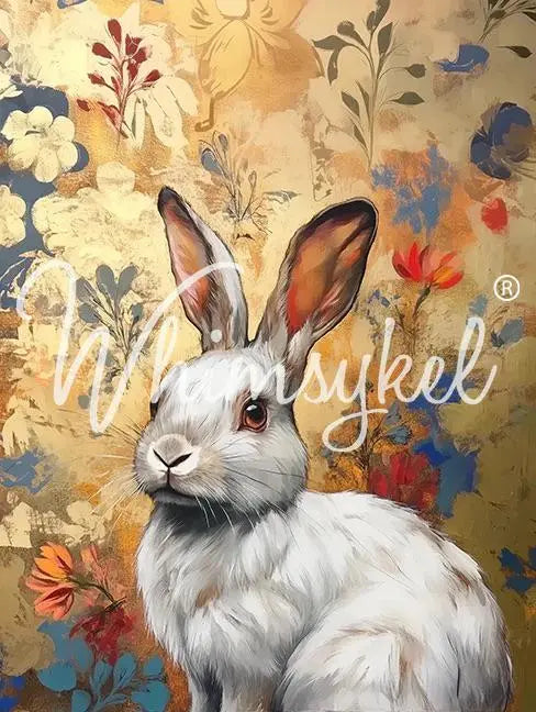 Bloom & Burrows | 21”x29” | Large Decoupage Tissue Paper | Whimsykel Designs | bunny with gold and floral background Whimsykel