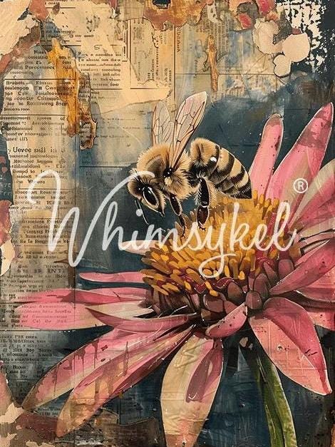 BEE GRATEFUL | Large Decoupage Tissue Paper for Furniture | 21x29 Whimsykel Designs | collage with honey bee and flower