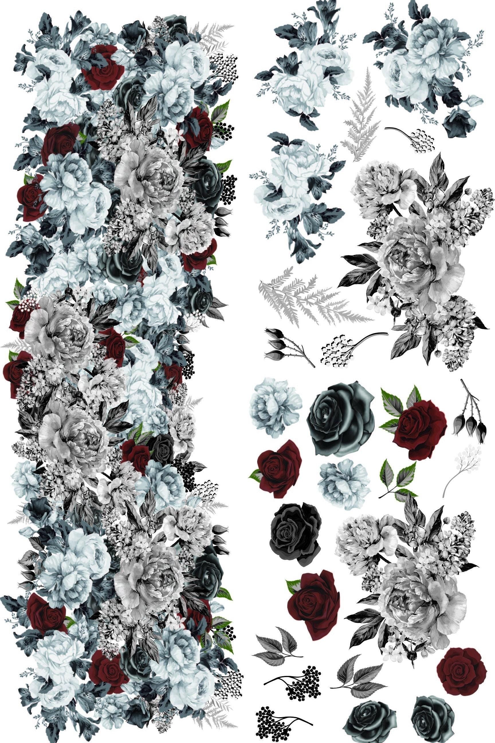 MONOCHROME MAJESTY | Large Transfer | Dixie Belle Paint | monochrome florals on translucent background