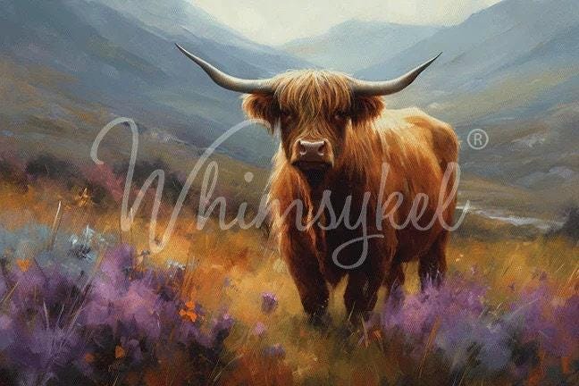 FLORA HIGHLAND COW | Large Decoupage Tissue Paper | Furniture | Arts & Crafts | 14"x20" or 21x29 | Whimsykel Designs | Highland Coo in Field