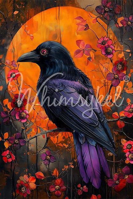Whimsykel | Raven Rising | Decoupage Tissue Paper | 21"x29" | raven in front of striking orange moon
