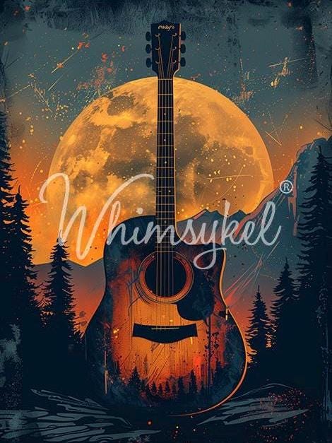 Country Music Large Decoupage Tissue Paper for Furniture 21x29 Whimsykel Designs guitar in front of full moon