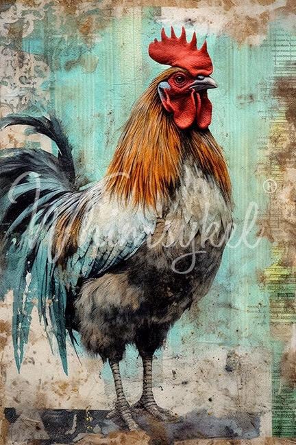 HUES & FEATHERS | Large Decoupage Tissue Paper for Furniture | Arts/Crafts | 21x29 | Whimsykel Designs | Rooster on Rustic Background