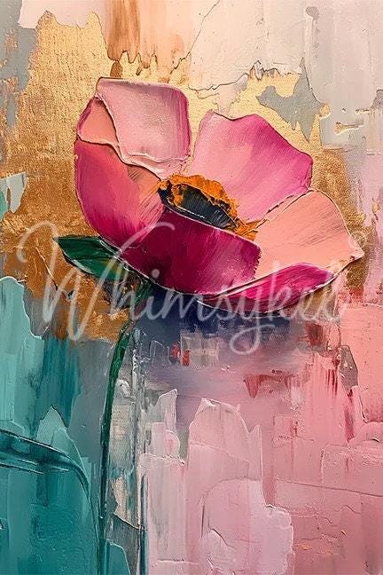 Spring Forward Large Decoupage Tissue Paper for Furniture 21x29 Whimsykel Designs Pink Flower in front of Abstract Gold Backdrop