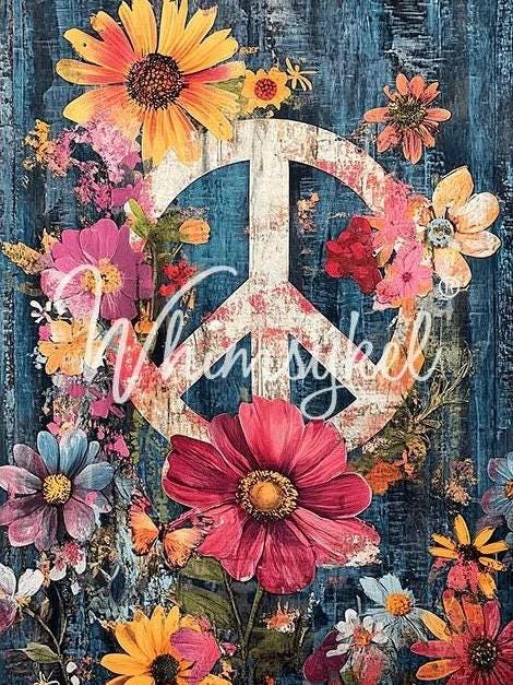 Petals of Peace Decoupage Tissue Paper for Furniture 21x29 Whimsykel Designs blue background with large peace sign and flowers