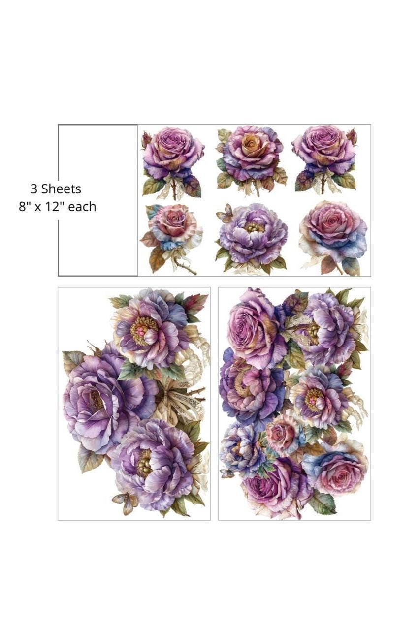ROSES AND PEONIES | Mid Transfer for Furniture | Dixie Belle Paint | 3 Sheets - 8" x 12" each | black and white script and stamps