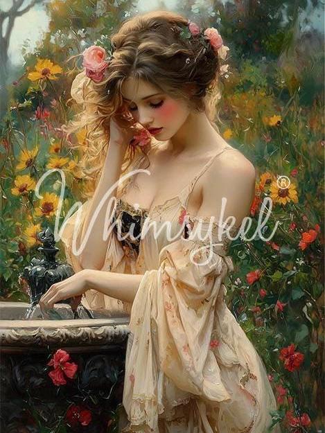 ROSEWATER FOUNTAIN | Decoupage Tissue Paper | Furniture | Arts & Crafts | 21x29 or 14x20 | Whimsykel Designs | woman at fountain