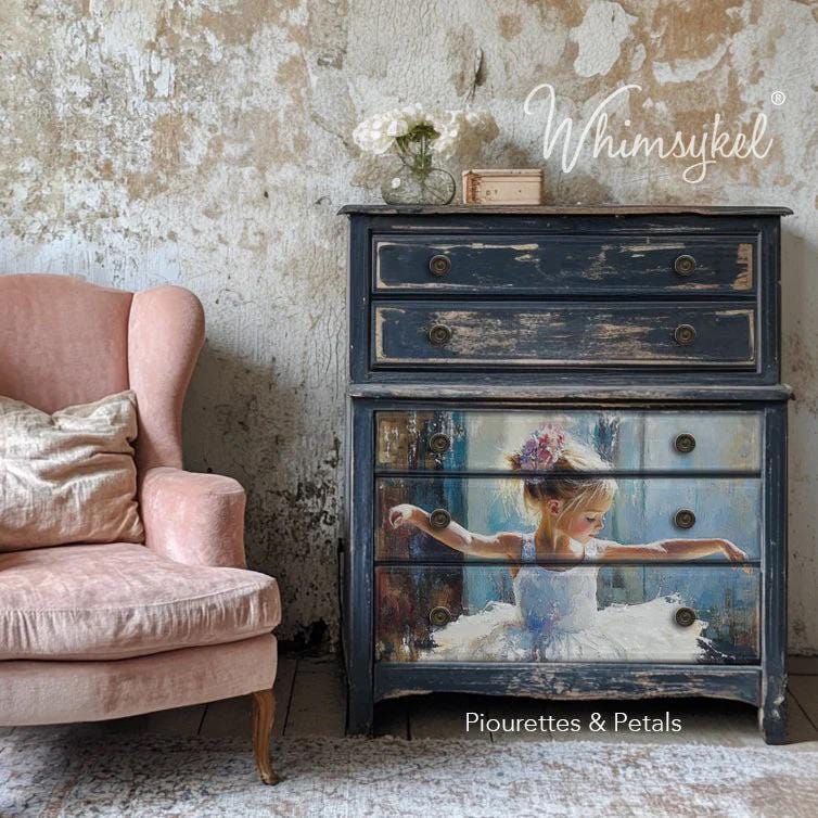 PIROUETTES & PETALS Decoupage Tissue Paper for Furniture 21x29 or 14x20 Whimsykel Designs the littlest ballerina in a white tutu