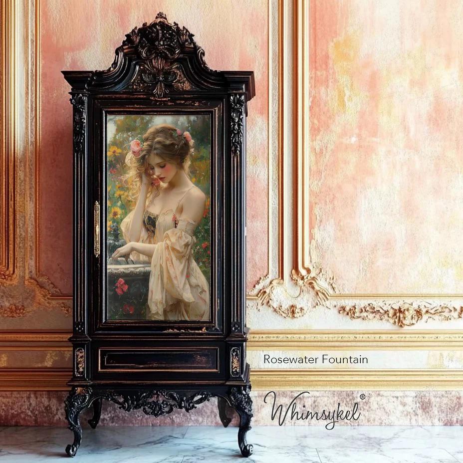ROSEWATER FOUNTAIN | Decoupage Tissue Paper | Furniture | Arts & Crafts | 21x29 or 14x20 | Whimsykel Designs | woman at fountain