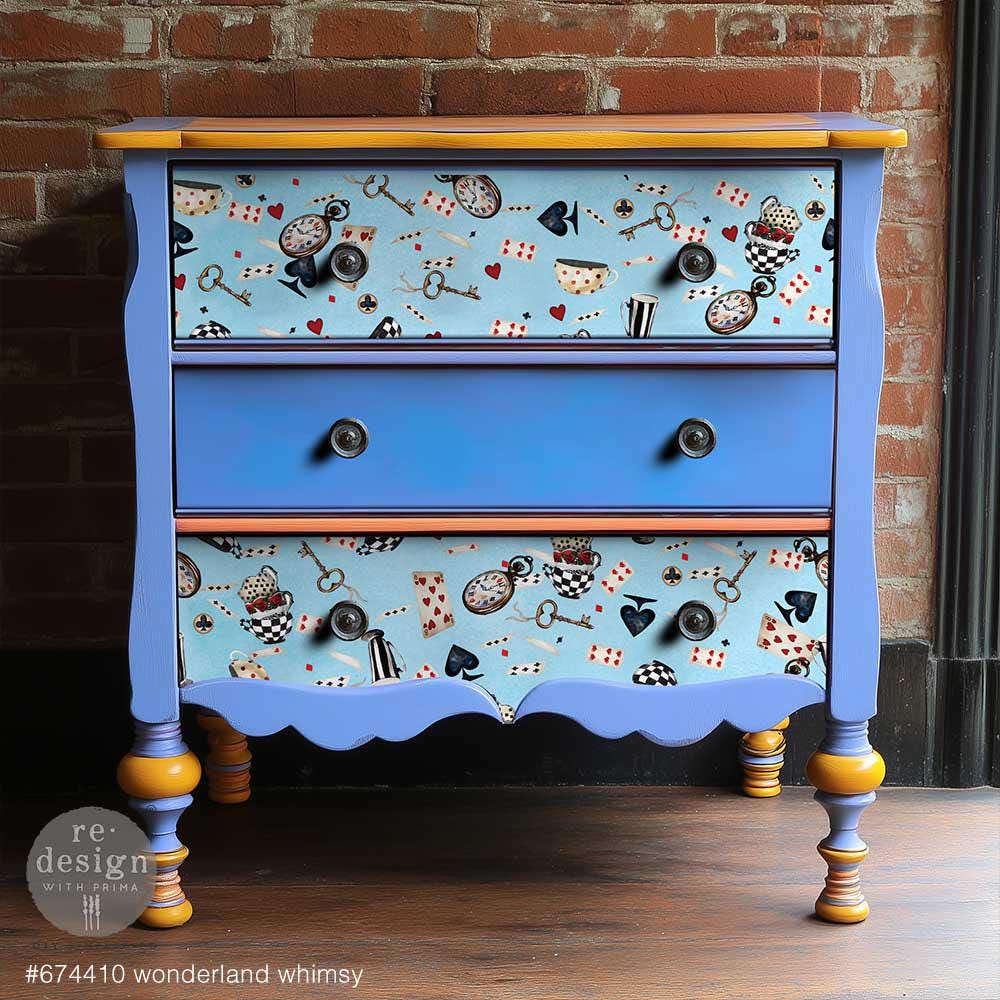 WONDERLAND WHIMSY | Decoupage Decor Tissue Paper for Furniture | 19.5"x30" | Redesign with Prima | cups, clocks, cards on blue background