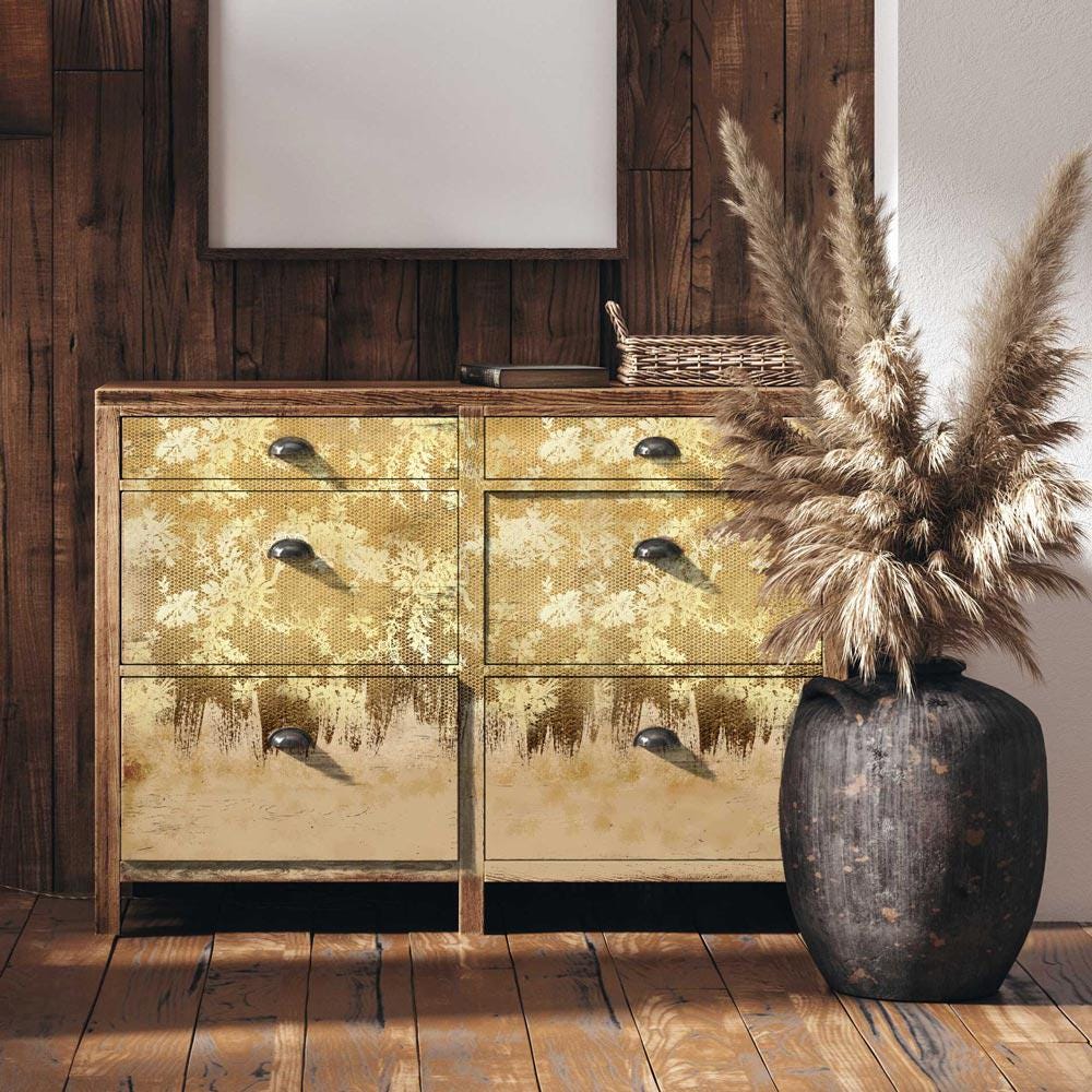 GILDED LACE | Decoupage Decor Tissue Paper for Furniture | 23.4"x33.1"| Redesign with Prima | vintage gold honeycomb and floral design
