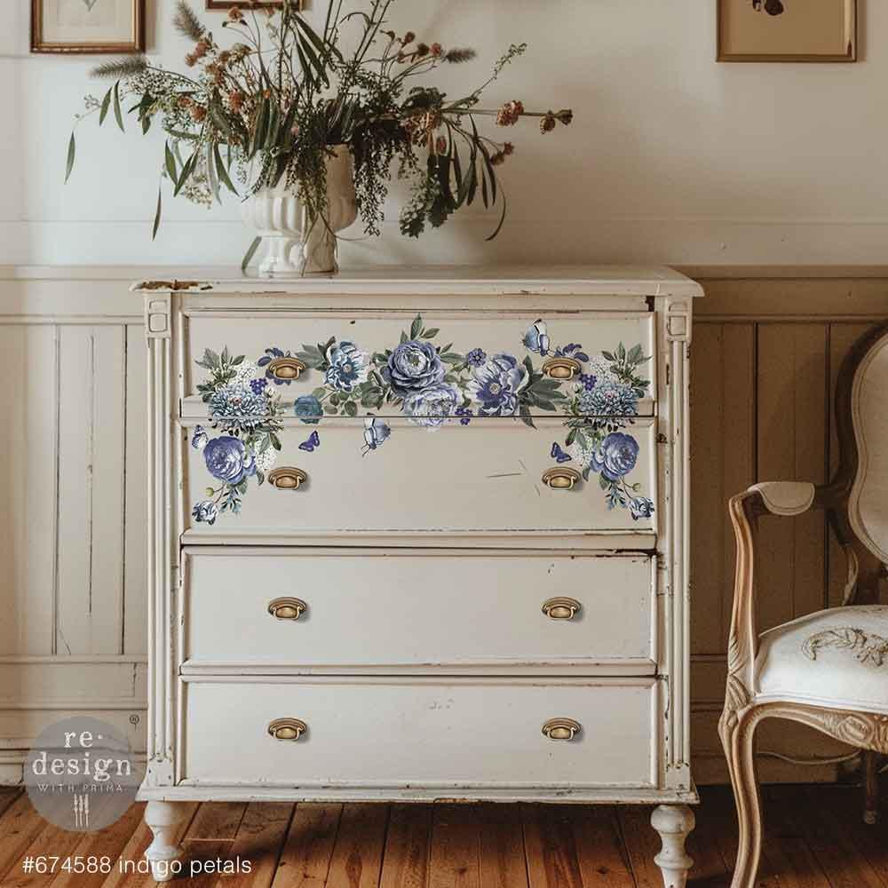 INDIGO PETALS | Small Transfers | Redesign With Prima | Rub on Transfers for Furniture and Crafts | 3 sheets- 6"x12" | blue flowers